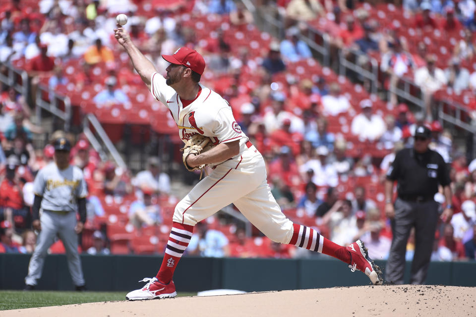 St. Louis Cardinals starting pitcher Adam Wainwright throws during the first inning of a baseball game against the Pittsburgh Pirates Saturday, June 26, 2021, in St. Louis. (AP Photo/Joe Puetz)