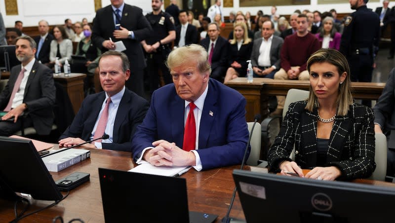 Former U.S. President Donald Trump attends the closing arguments in the Trump Organization civil fraud trial at New York State Supreme Court in the Manhattan borough of New York on Jan. 11, 2024. Trump lawyers filed a notice of appeal Monday, Feb. 26, for his $454 million New York civil fraud judgment.