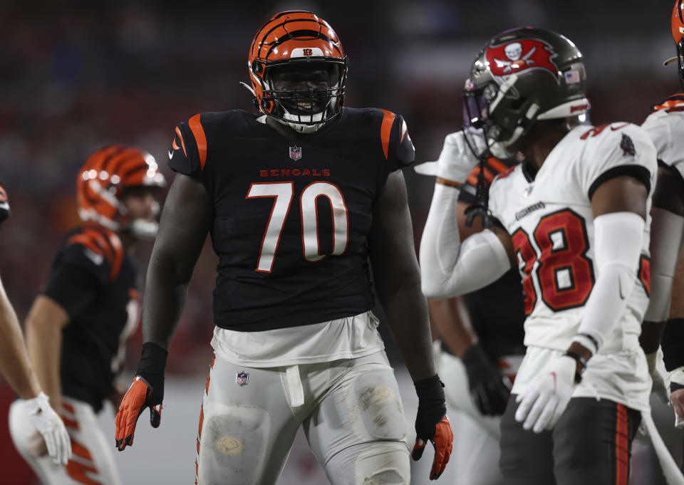 Cincinnati Bengals offensive tackle D’Ante Smith (70) during the second half of an NFL preseason football game against the Tampa Bay Buccaneers Saturday, Aug. 14, 2021, in Tampa, Fla. (AP Photo/Mark LoMoglio)