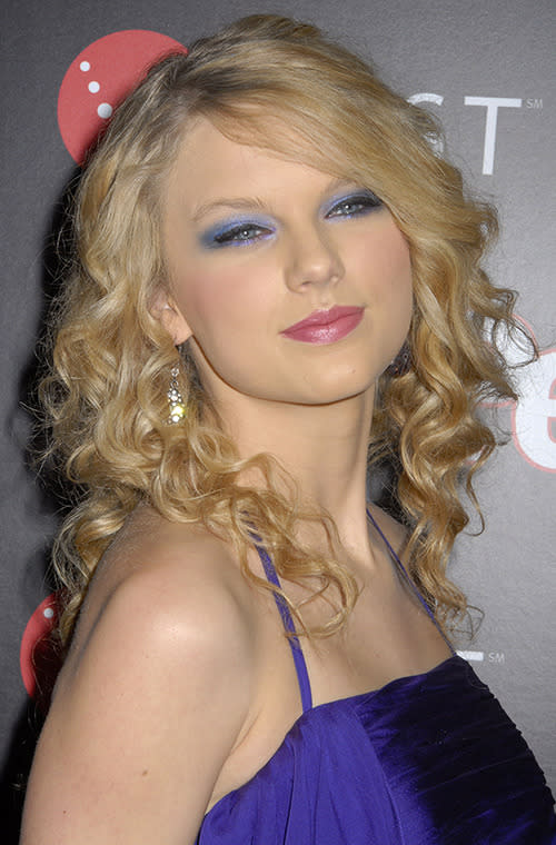 Taylor Swift illustrates beautifully the risks of wearing blue eye shadow. "Although it can be done in a way that’s edgy (a deeper matte shade paired with winged black liner), it’s not easy to pull off without looking very 80s and dated," says beauty editor Bobbi Brown.