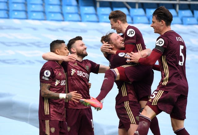 Leeds celebrate the opening goal from Stuart Dallas (second left)