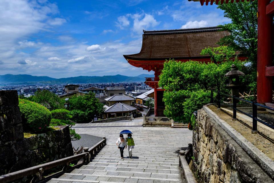 Visitors at the Kiyomizu temple, a UNESCO World Heritage wooden structure set in the hills around Kyoto, on May 22, 2020.