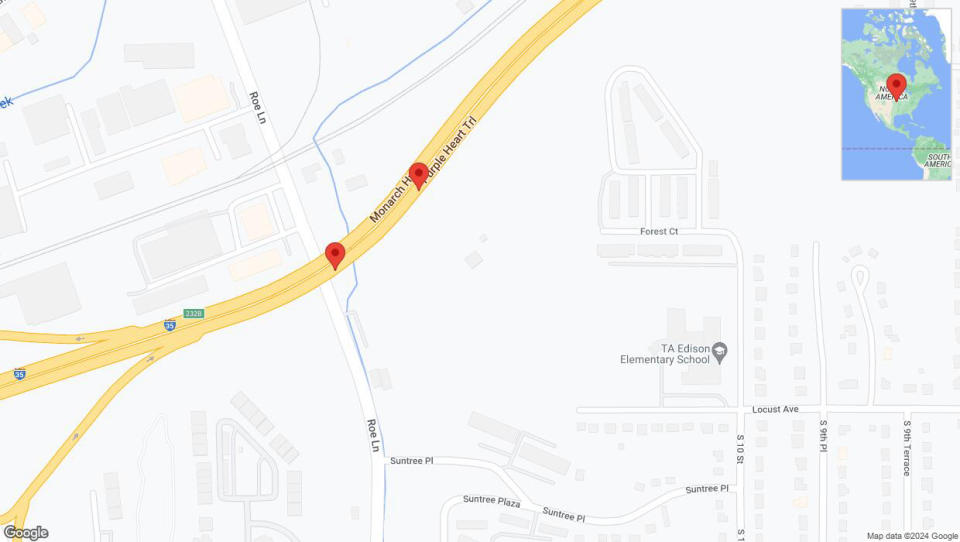 A detailed map that shows the affected road due to 'Warning: Crash on northbound I-35 in Kansas City' on July 18th at 3:31 p.m.