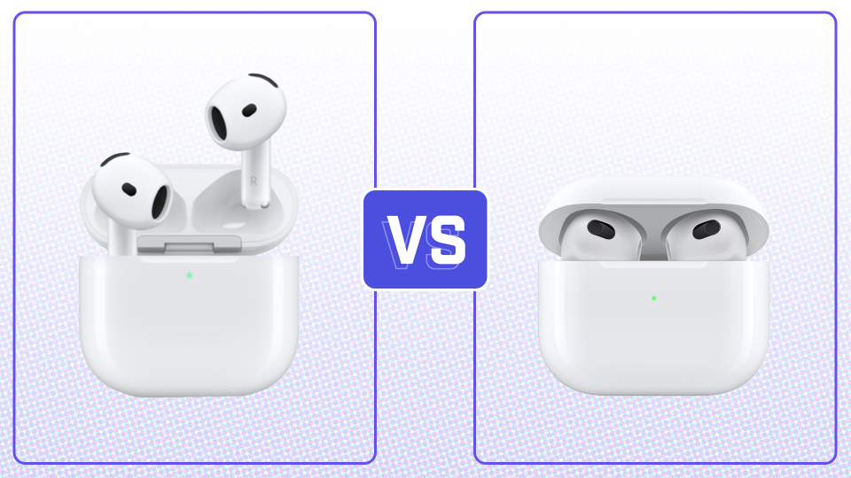 Comparison image of Apple AirPods 4 (left) and Apple AirPods 3 (right)