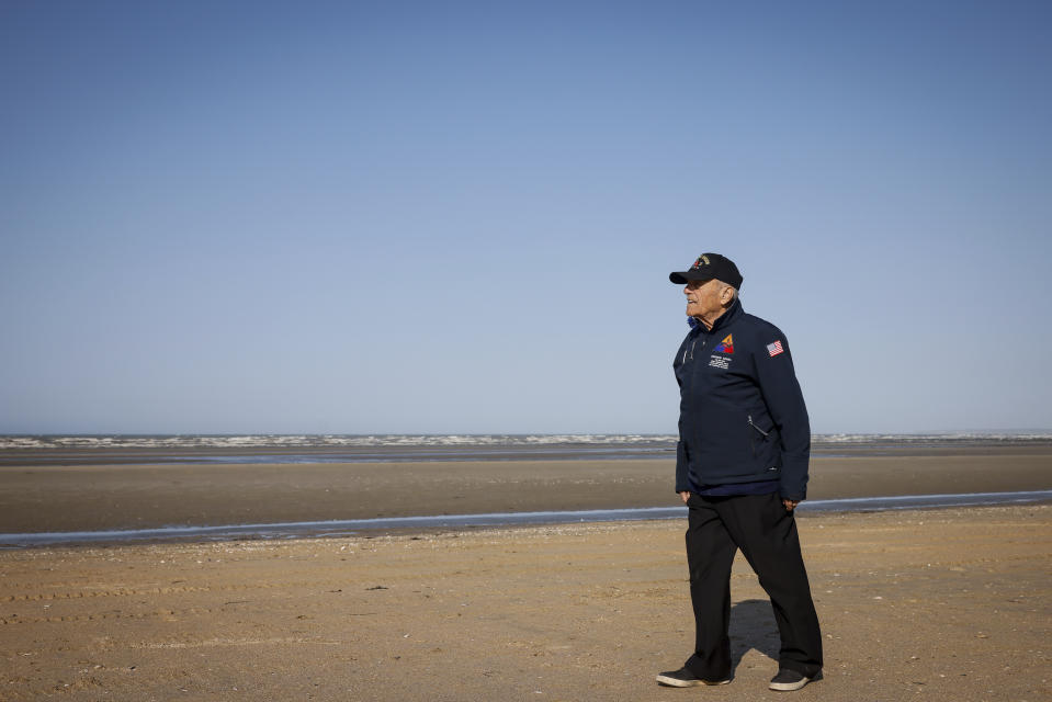U.S. veteran Andrew Negra walks on the beach after the commemoration organized by the Best Defense Foundation at Utah Beach near Sainte-Marie-du-Mont, Normandy, France, Sunday, June 4, 2023, ahead of the D-Day Anniversary. The landings on the coast of Normandy 79 year ago by U.S. and British troops took place on June 6, 1944. (AP Photo/Thomas Padilla)