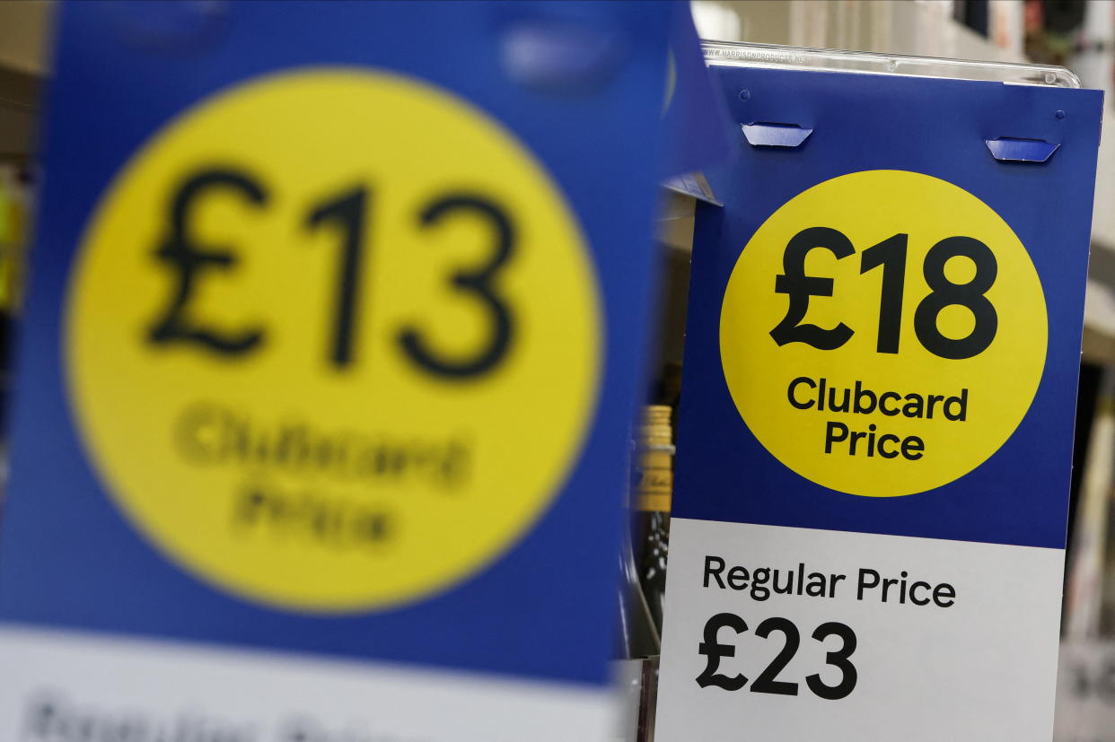 Clubcard branding is seen inside a branch of a Tesco Extra Supermarket in London, Britain, February 10, 2022. Picture taken February 10, 2022. REUTERS/Paul Childs