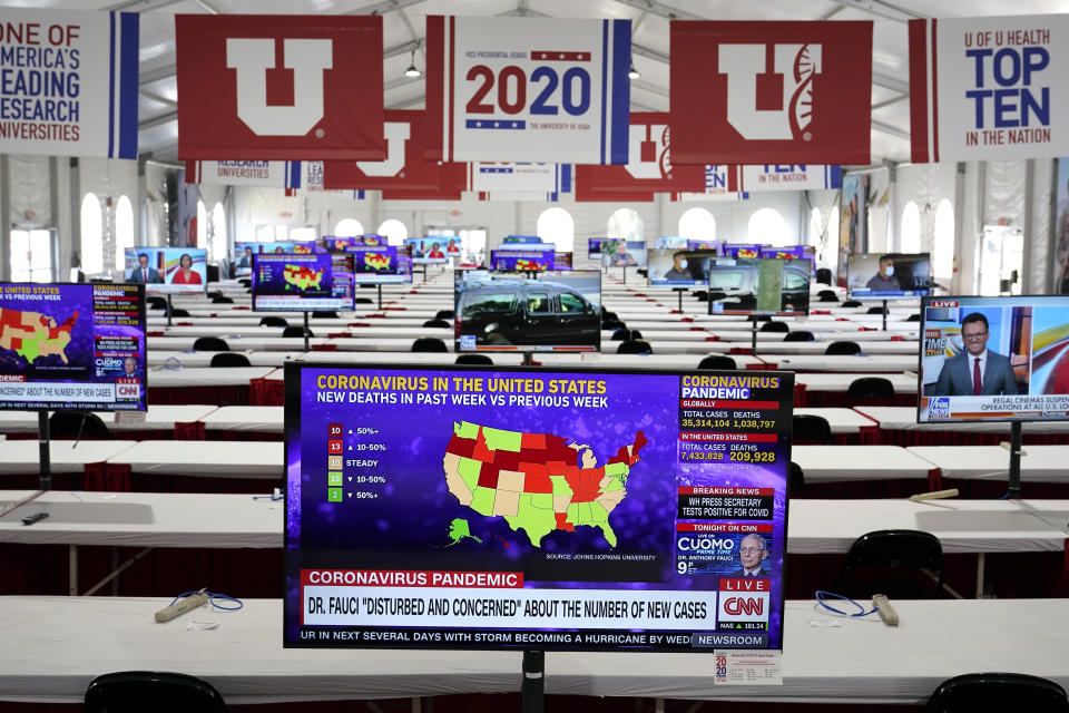 A television broadcasts news on the coronavirus pandemic as preparations take place for the vice presidential debate in a press filing center at the University of Utah, Monday, Oct. 5, 2020, in Salt Lake City. The vice presidential debate between Vice President Mike Pence and Democratic vice presidential candidate, Sen. Kamala Harris, D-Calif., is scheduled for Oct. 7. (AP Photo/Patrick Semansky)