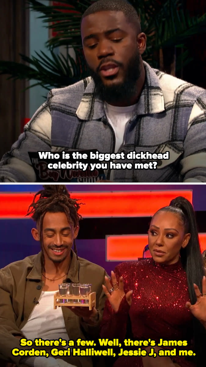 A man in a plaid jacket asks, "Who is the biggest dickhead celebrity you have met?" Below, Mel B answers, listing James Corden, Geri Halliwell, Jessie J, and herself