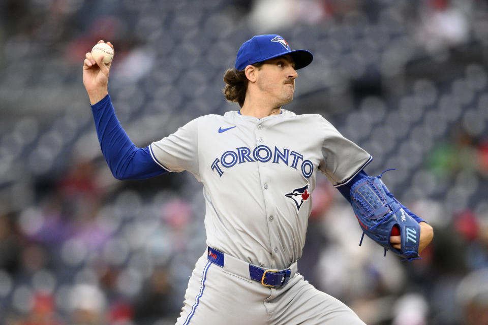 Toronto Blue Jays starting pitcher Kevin Gausman throws during the second inning of a baseball game against the Washington Nationals, Saturday, May 4, 2024, in Washington. (AP Photo/Nick Wass)