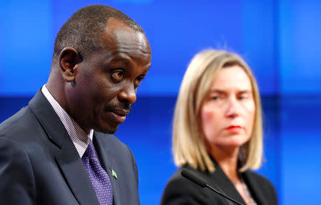 Rwanda's Foreign Minister Richard Sezibera and European Union foreign policy chief Federica Mogherini hold a joint news conference after an EU-African Union meeting in Brussels, Belgium, January 22, 2019. REUTERS/Francois Lenoir