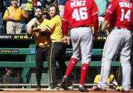 <p>Sean Rodriguez #3 of the Pittsburgh Pirates is held back by Gerrit Cole #45 during a bench clearing altercation against the Washington Nationals at PNC Park on September 25, 2016 in Pittsburgh, Pennsylvania. (Photo by Justin K. Aller/Getty Images) </p>