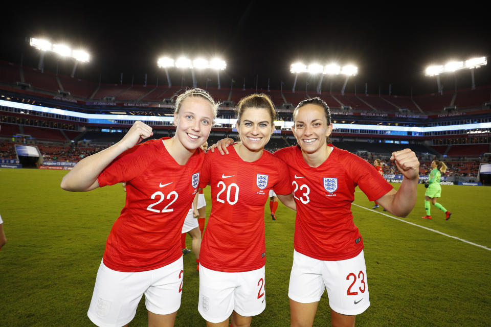 Beth Mead, Karen Carney and Lucy Stanifort celebrate winning the SheBelieves Cup