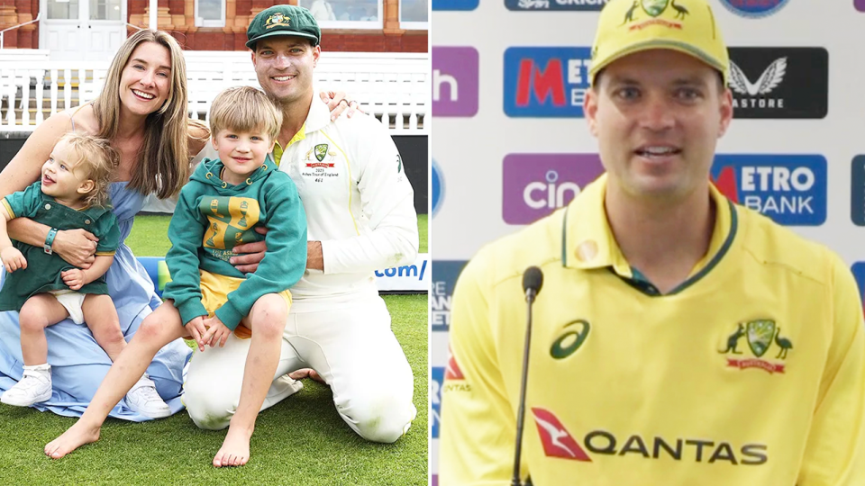 Alex Carey (pictured right) admitted he loves playing in England - following a frosty reception at Headingley - only days after admitting the toll the Ashes backlash took on his family last year. (Images: Getty Images/Fox Sports)