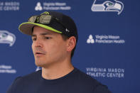 Seattle Seahawks head coach Mike Macdonald answers media questions following the NFL football team's rookie minicamp Friday, May 3, 2024, in Renton, Wash. (AP Photo/Lindsey Wasson)