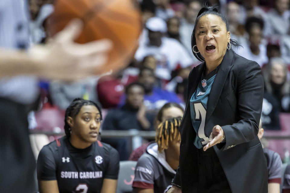 South Carolina head coach Dawn Staley argues a no-call by the referees during the second half of an NCAA college basketball game against Alabama, Sunday, Jan. 29, 2023, in Tuscaloosa, Ala. (AP Photo/Vasha Hunt)