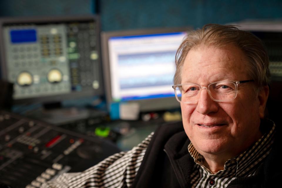 Musician and producer Rick Condon sits for a photo at his studio in Urbandale, Wednesday, March 27, 2024.