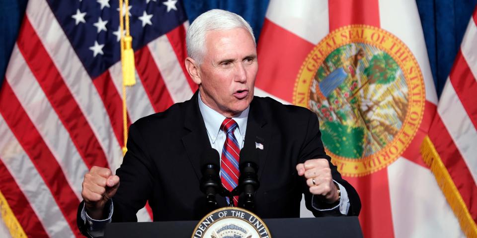 Vice President Mike Pence delivers remarks during a campaign event Thursday, Jan. 16, 2020, in Kissimmee, Fla. (AP Photo/John Raoux)