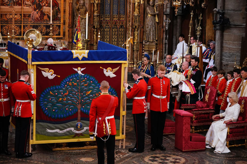 Queen Camilla (right) watches as King Charles III is behind an anointing screen during their coronation ceremony.<span class="copyright">Yui Mok—WPA Pool/Getty Images</span>