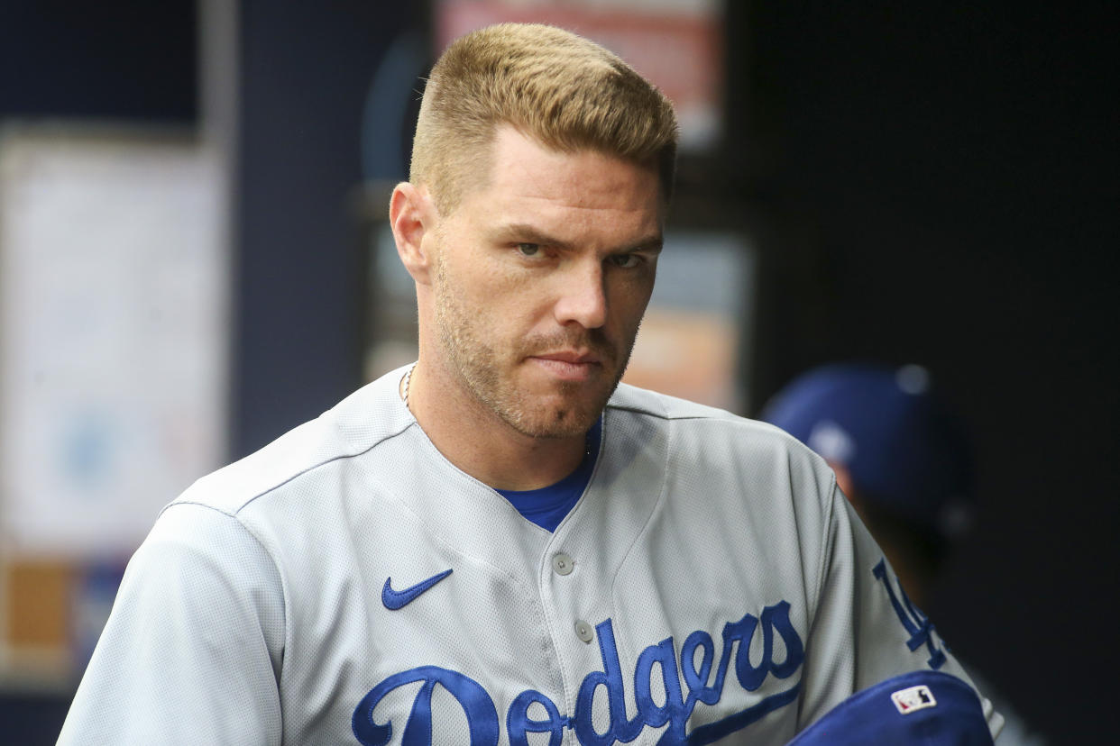 Jun 26, 2022; Atlanta, Georgia, USA; Los Angeles Dodgers first baseman Freddie Freeman (5) in the dugout before a game against the Atlanta Braves at Truist Park. Mandatory Credit: Brett Davis-USA TODAY Sports