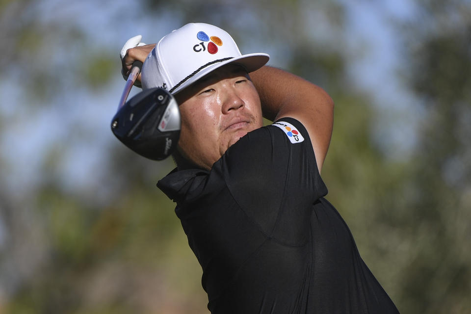 Sungjae Im watches his drive during the Shriners Children's Open golf tournament, Sunday, Oct. 10, 2021, at TPC Summerlin in Las Vegas. (AP Photo/Sam Morris)
