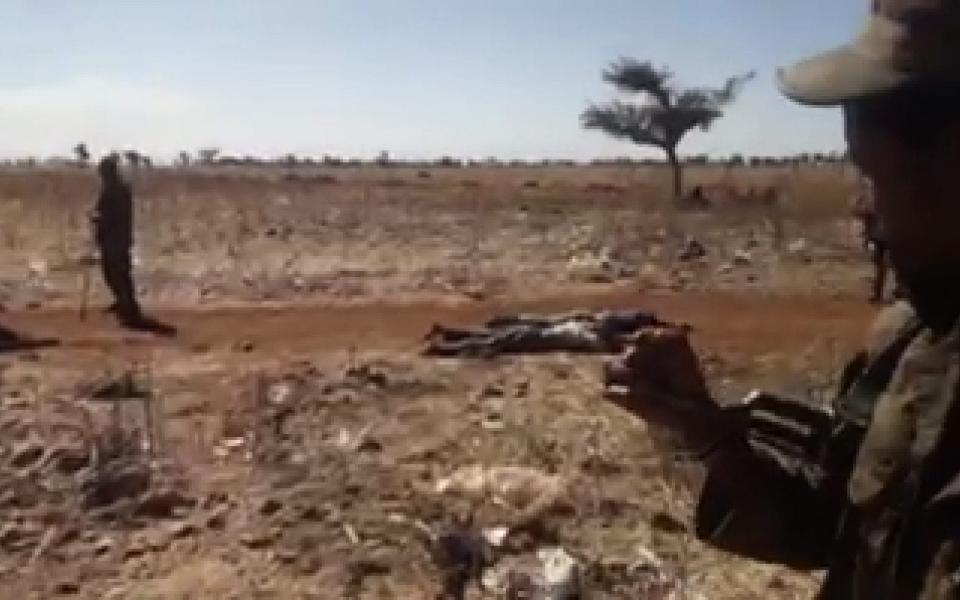 Ethiopian soldiers walk among the corpses. - The Telegraph / screengrab