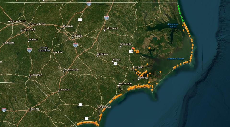 The areas in orange have the no-swimming advisory. The areas in green do not have a warning. Image from N.C. Recreational Water Quality