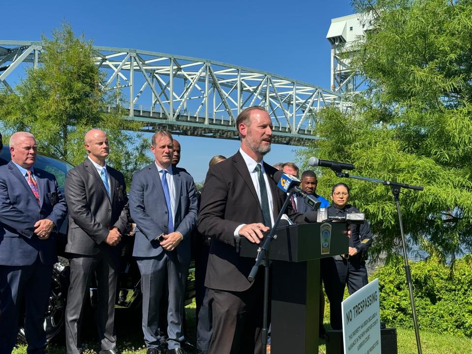 District Attorney Ben David spoke at Dram Tree Park on Wednesday at a news conference focused on nuisance abatement in New Hanover and Columbus counties.