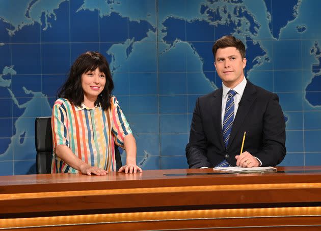 Melissa Villaseñor and anchor Colin Jost during Weekend Update. (Photo: NBC via Getty Images)