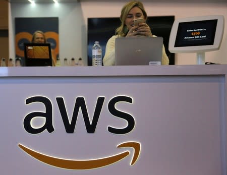 The logo for Amazon Web Services (AWS) is seen at the SIBOS banking and financial conference in Toronto