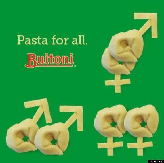 Following the <a href="http://www.huffingtonpost.com/2013/09/26/barilla-pasta-anti-gay_n_3995679.html" target="_blank">Barilla Pasta backlash after chairman Guido Barilla made comments</a> that the company would not feature LGBT families in their advertisements, and those who disagreed could  "eat another brand of pasta," several other pasta companies came out in support of marriage equality.  First Buitoni...