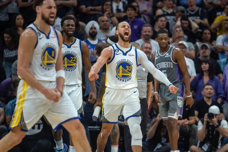 Golden State Warriors guard Stephen Curry (30) celebrates a basket in the final seconds of his team’s victory during Game 5 of the first-round NBA playoff series at Golden 1 Center on Wednesday, April 26, 2023.