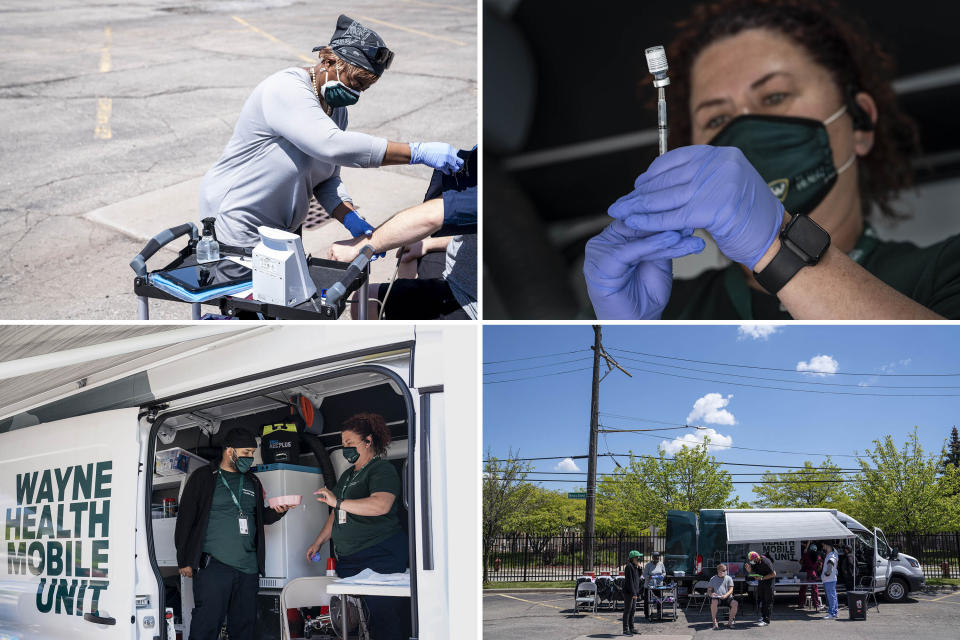 Top left: Dara Harris, a certified community health worker, checks blood pressure after a COVID-19 vaccine was administered at one of the Wayne Health Mobile Units in Detroit, May 14, 2021. Top right: Crystal Watson preps COVID-19 vaccines inside the van. Bottom left: Watson, right, and Salah Hadawan prep vaccines inside the van. Bottom right: Mark Helms of Ferndale, seated center, fills out paperwork to get his COVID-19 vaccine. (Photo: )