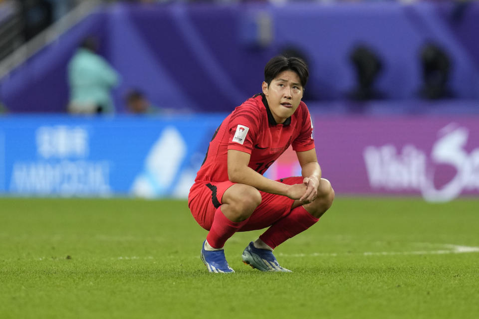 South Korea's Lee Kang-in reacts at the end of the Asian Cup Group E soccer match between South Korea and Malaysia at Al Janoub Stadium in Al Wakrah, Qatar, Thursday, Jan. 25, 2024. (AP Photo/Thanassis Stavrakis)