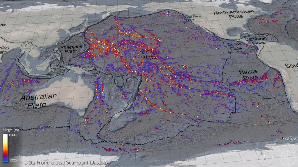 This University of Washington map shows where seamounts are believed to be located in the Pacific Ocean.