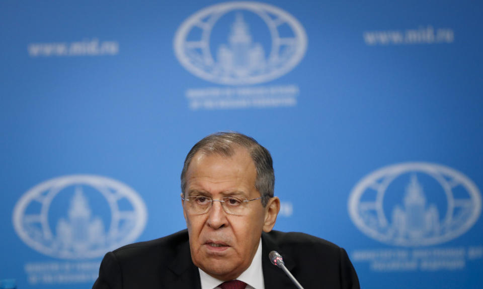 Russian Foreign Minister Sergey Lavrov speaks about his department's 2018 accomplishments during his annual roundup news conference in Moscow, Russia, Wednesday, Jan. 16, 2019. Russia's foreign minister says Moscow isn't making any bets in the controversy over British exit from the European Union. (AP Photo/Pavel Golovkin)