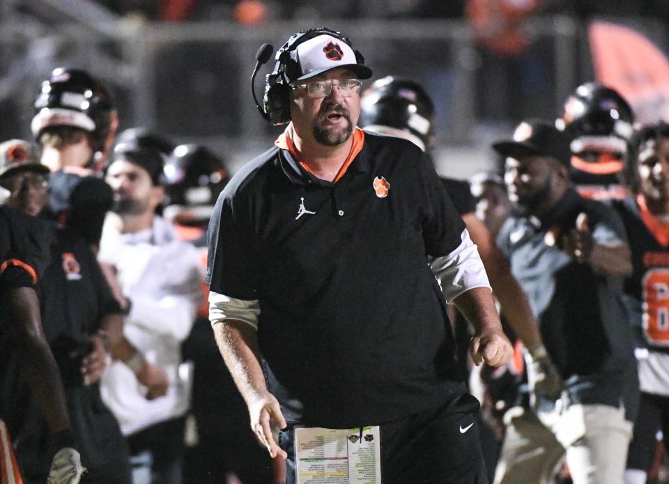 Cocoa football head coach Ryan Schneider watches the action during the game against Booker in the FHSAA football Class 2S state semifinal Friday, December 1, 2023. Craig Bailey/FLORIDA TODAY via USA TODAY NETWORK