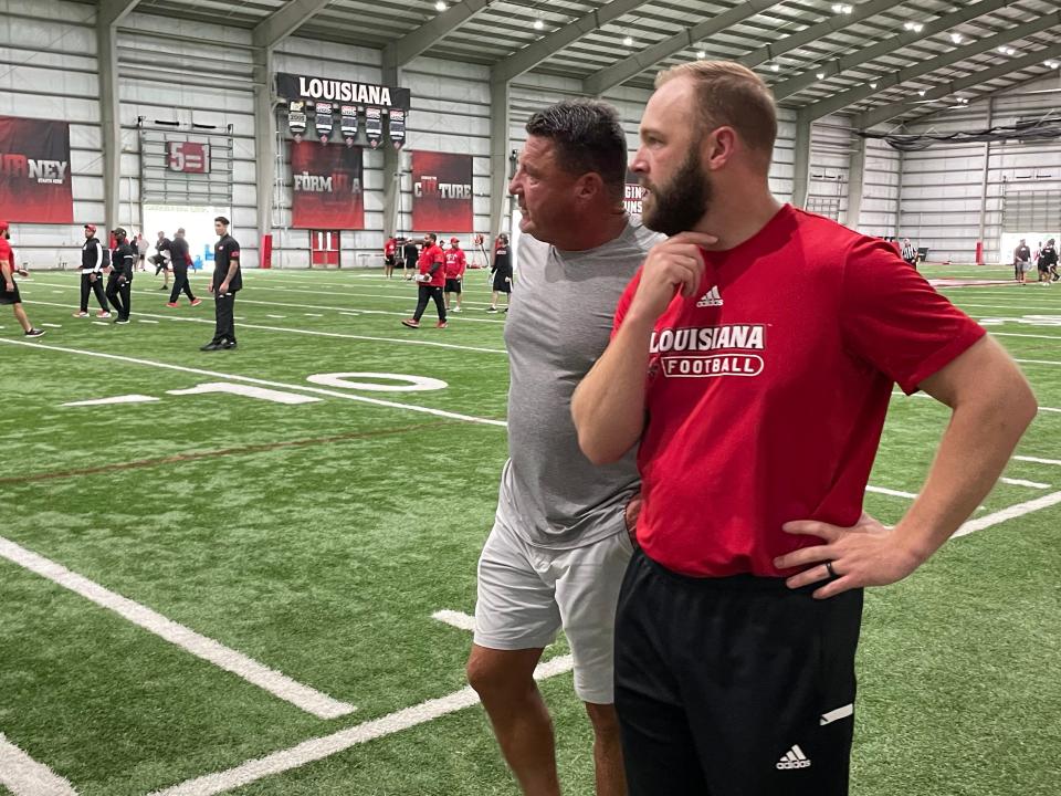 Former LSU football coach Ed Orgeron visit Louisiana football's team scrimmage Saturday, Aug. 13, 2022 inside the Leon Moncla Indoor Practice Facility.