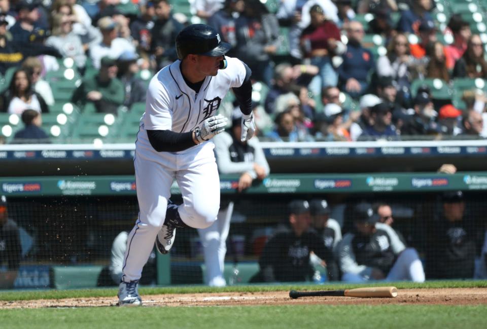 Detroit Tigers first baseman Spencer Torkelson (20) singles against Boston Red Sox starting pitcher Kutter Crawford (50) during the first inning at Comerica Park in Detroit on Sunday, April 9, 2023.