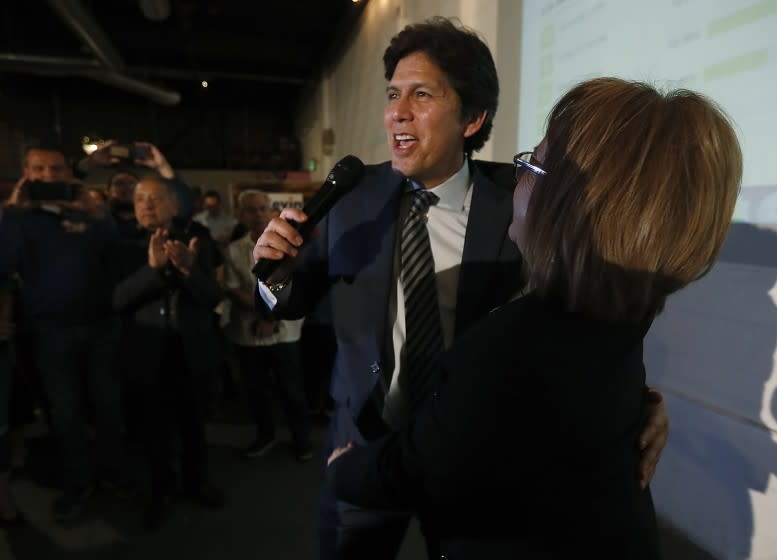 LOS ANGELES, CALIF. -MAR. 3, 2020. L.A. City Council candidate Kevin DeLeon gets a hug from labor leader Maria Elena Durazo at an election night party in Los Angeles on Tuesday night, Mar. 3, 2020. . (Luis Sinco/Los Angeles Times)