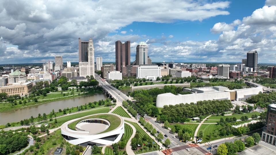 The downtown Columbus skyline along the Scioto River in May.