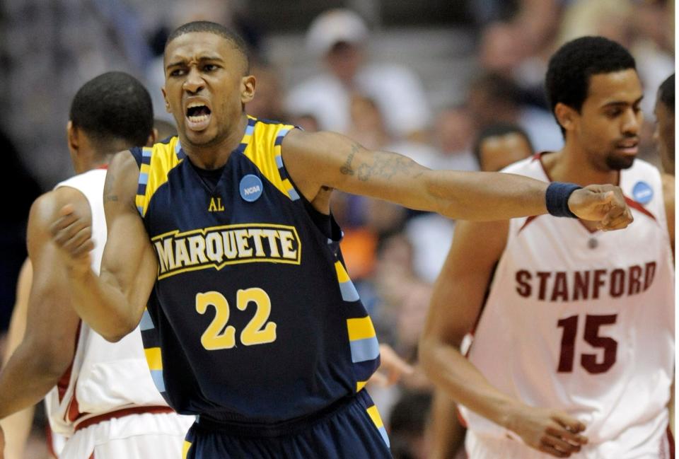 Marquette's Jerel McNeal reacts to scoring against Stanford during the second half of their second round basketball game at the NCAA South Regional on Saturday, March 22, 2008 in Anaheim, Calif.