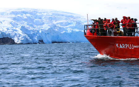 FILE PHOTO: The scientific investigation vessel of the Chilean Antarctic Institute (INACH), named Karpuj, is seen in front of the Collins Glacier at King George island, Antarctica, Chile February 2, 2019. REUTERS/Fabian Cambero