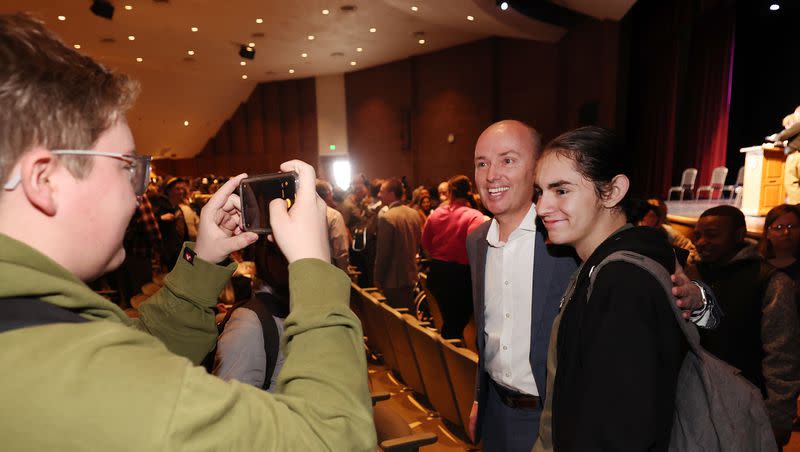 Gov. Spencer Cox greets students after speaking to the student body at Tooele High School as he kicked off his Connecting Utah Tour with the first stop in Tooele on Monday, March 20, 2023.