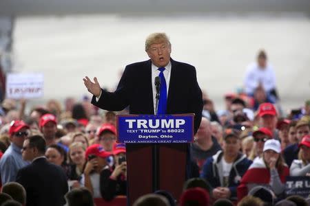 U.S. Republican presidential candidate Donald Trump speaks at Dayton International Airport in Dayton, Ohio March 12, 2016. REUTERS/Aaron P. Bernstein