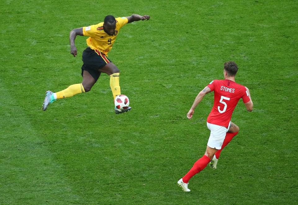 <p>Belgium’s Romelu Lukaku in action with England’s John Stones (REUTERS/Michael Dalder) </p>