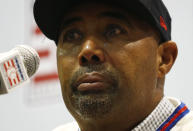 FILE - In this Dec. 10, 2018, file photo, Harold Baines cries during a news conference for the Baseball Hall of Fame during the Major League Baseball winter meetings in Las Vegas. Baines will be inducted into the Baseball Hall of Fame on Sunday, July 21, 2019. (AP Photo/John Locher, File)