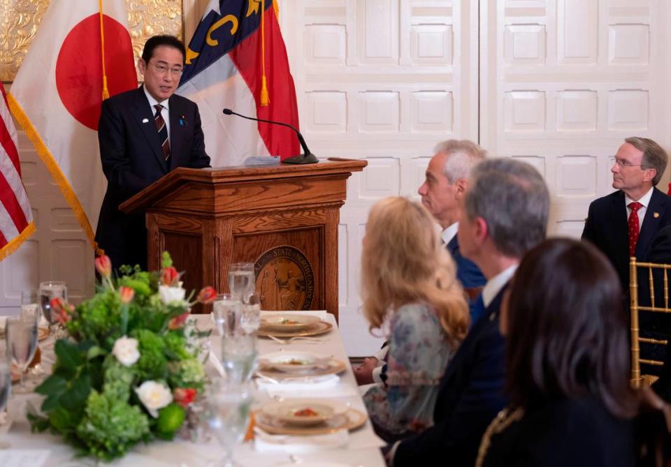 Japanese Prime Minister Fumio Kishida addresses a luncheon in his honor on Friday, April 12, 2024 at the Executive Mansion in Raleigh, N.C.