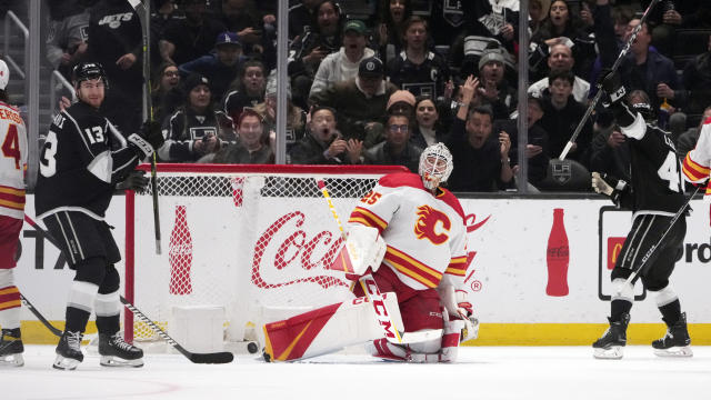 Los Angeles Kings right wing Gabriel Vilardi (13) reacts after scoring past Calgary Flames goaltender Jacob Markstrom (25) during the first period of an NHL hockey game Monday, March 20, 2023, in Los Angeles. (AP Photo/Marcio Jose Sanchez)