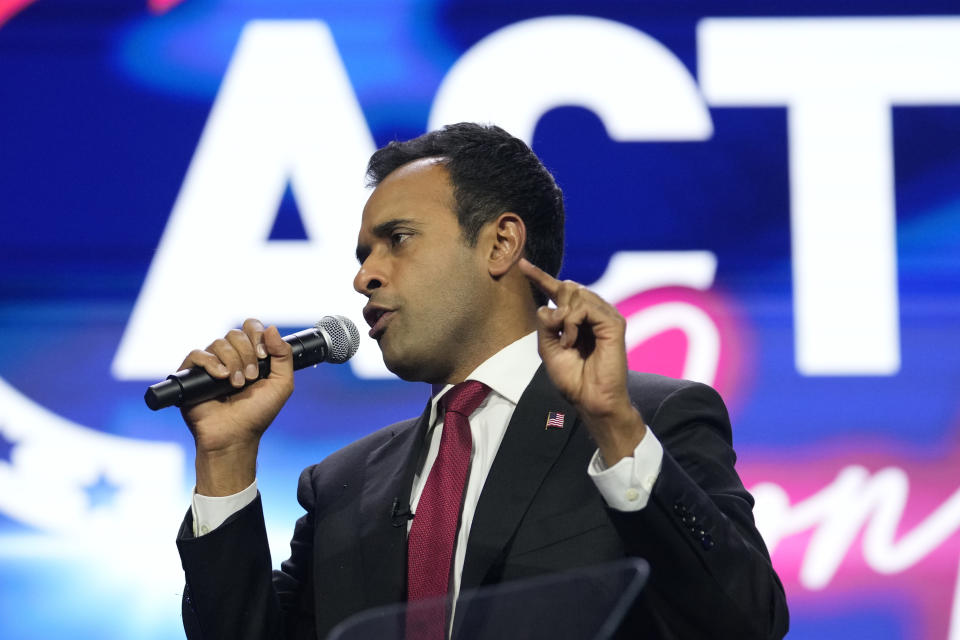 Republican presidential candidate Vivek Ramaswamy speaks during the Turning Point Action conference, Saturday, July 15, 2023, in West Palm Beach, Fla.(AP Photo/Lynne Sladky)
