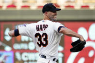 Minnesota Twins pitcher J.A. Happ throws to a Los Angeles Angels batter during the first inning of a baseball game, Friday, July 23, 2021, in Minneapolis. (AP Photo/Jim Mone)